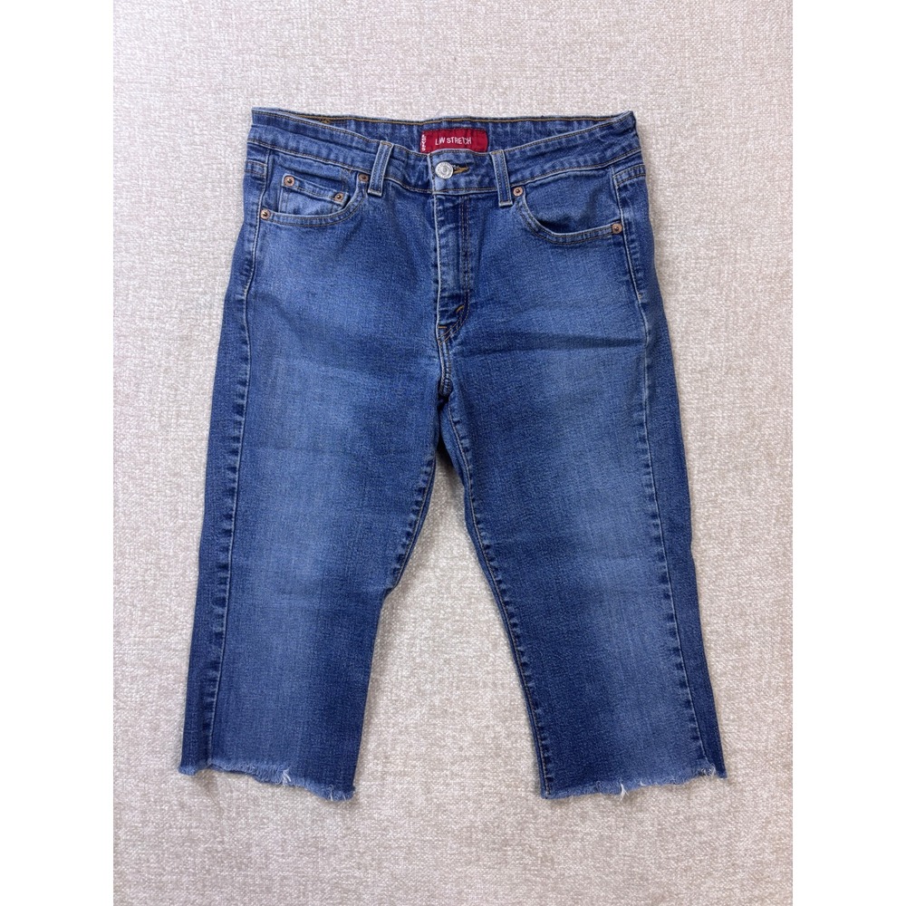 Levis 519 Low Flare Jeans Womens 11 JR M Medium Wash Raw Hem Cropped Capri